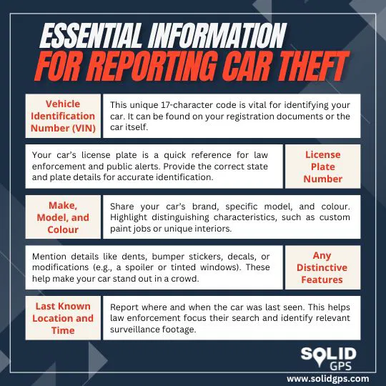 Essential Information for Reporting Vehicle Theft Infographic showing essential information needed to report car theft