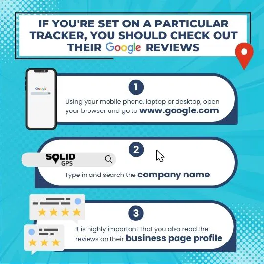 Infographic explaining how to check Google reviews before buying a GPS tracker