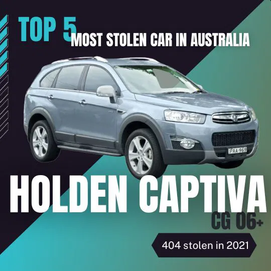 Infographic showing the Top 5 Most Stolen Car in Australia 2022: Holden Captiva CG 06+