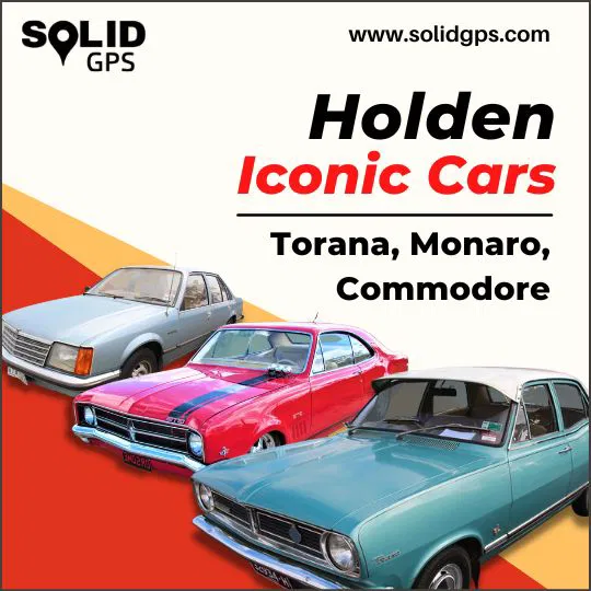 Infographic showing iconic Holden cars: Torana, Monaro, and Commodore