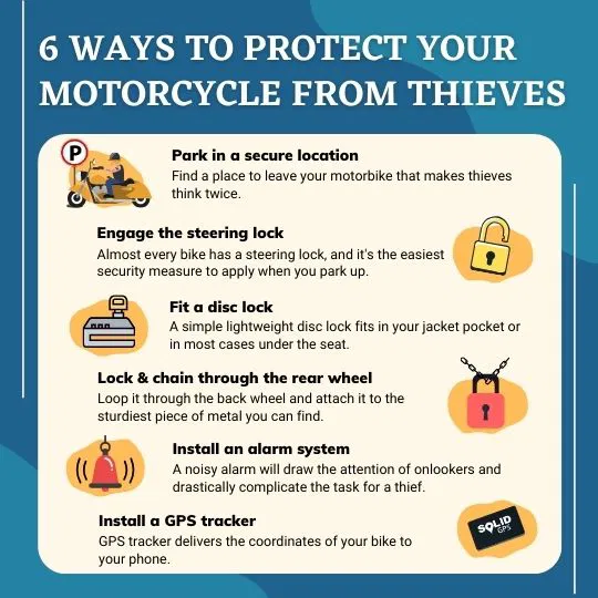 6 Ways to Protect Your Motorcycle from Thieves Infographic showing 6 ways to protect your motorcycle from thieves