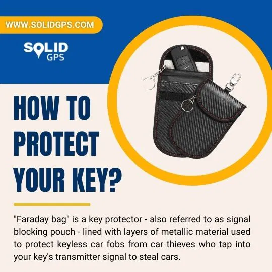 How to Protect Your Vehicle Key Infographic explaining how a Faraday bag protects your vehicle key from theft