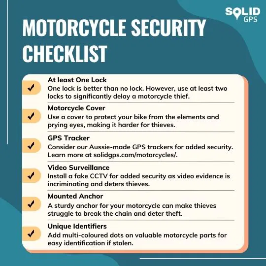 Motorbike Security Checklist Infographic showing a motorcycle security checklist