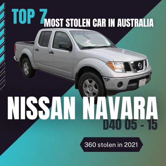 Infographic showing the Top 7 Most Stolen Car in Australia 2022: Nissan Navara D40 05–15