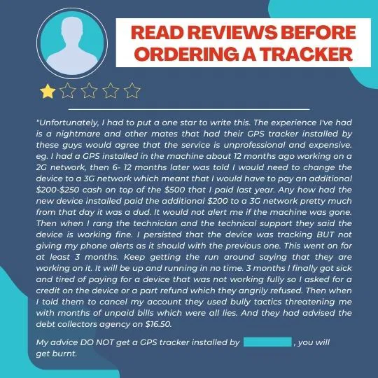 Read Reviews Before Ordering a GPS Tracker Infographic with a customer review reminding you to read reviews before buying a GPS tracker