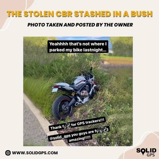 Stolen Motorbike Hidden in Bush Photo of a stolen motorbike hidden in a bush