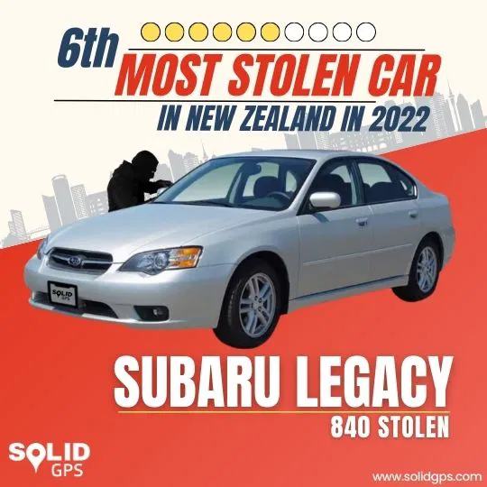 Top 6 Most Stolen Car in New Zealand 2022 - Subaru Legacy Infographic showing the Top 6 most stolen car in New Zealand in 2022, Subaru Legacy