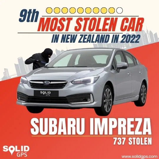 Top 9 Most Stolen Car in New Zealand 2022 - Subaru Impreza Infographic showing the Top 9 most stolen car in New Zealand in 2022, Subaru Impreza