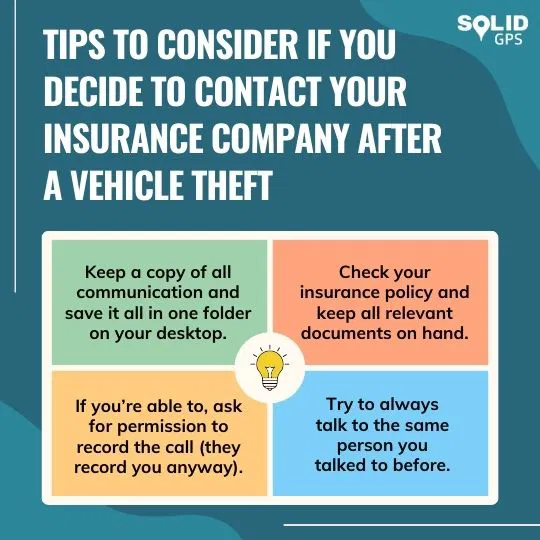 Tips to Consider When Contacting Insurance After Theft Infographic showing tips to consider if you contact your insurance company after a vehicle theft